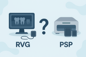 تصویر گرافیکی دوبعدی از مقایسه RVG و فسفرپلیت (PSP) با طراحی مدرن، شامل تجهیزات هر سیستم و علامت سؤال در مرکز برای نمایش تفاوت‌ها.