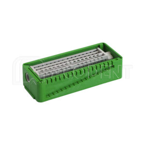 استند فایل و فرز دایرکتا استند فایل و فرز PractiPal Bur/Endo Stand جعبه نگهدارنده سبز رنگ مته‌های میکرو با محفظه خاکستری سوراخ‌دار برای سازماندهی ابزارهای دقیق