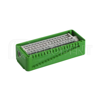 استند فایل و فرز دایرکتا استند فایل و فرز PractiPal Bur/Endo Stand جعبه نگهدارنده سبز رنگ مته‌های میکرو با محفظه خاکستری سوراخ‌دار برای سازماندهی ابزارهای دقیق