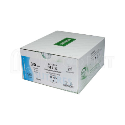 جعبه نخ بخیه Sutures سایز 3/0 با سوزن 19 میلی‌متر، غیرقابل جذب و مشکی، مخصوص جراحی دندانپزشکی