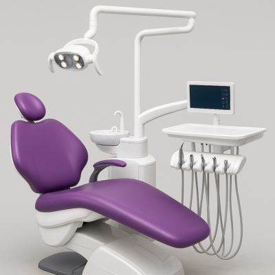 یونیت دندانپزشکی دست دوم مدرن با صندلی بنفش، چراغ LED و تابلت کنترل دیجیتال