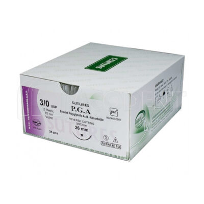 بسته سوچر جذبی PGA نخ بخیه ویکریل Sutures سایز 3/0 با سوزن معکوس ۲۶ میلی‌متری – ساخت شرکت پزشکیاران ایران