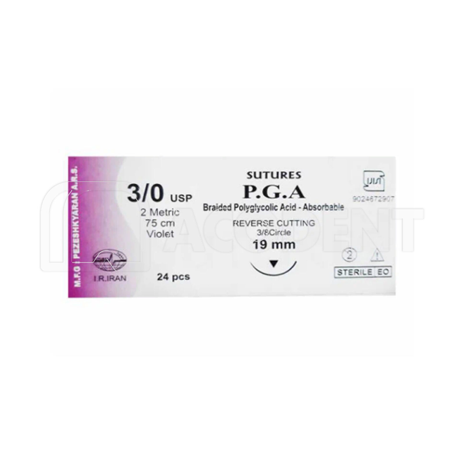 بسته سوچر جذبی PGA نخ بخیه ویکریل Sutures سایز 3/0 با سوزن معکوس ۲۶ میلی‌متری – ساخت شرکت پزشکیاران ایران