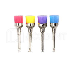 برس برساژ رنگی DentaFlux دندانپزشکی مناسب برای آنگل، با سری‌های نایلونی در رنگ‌های متنوع قرمز، زرد، بنفش و آبی